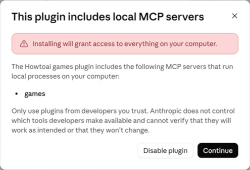 Claude warning for the Games local MCP server, with Disable plugin and Continue buttons.