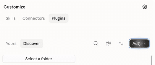 Claude Customize screen showing the Plugins tab and Add button.